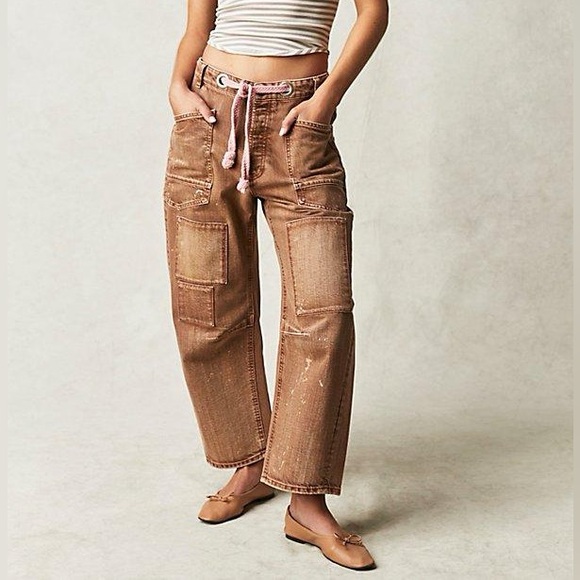 Free People Brown Cropped Pants with Pink Belt - Picture 2 of 7